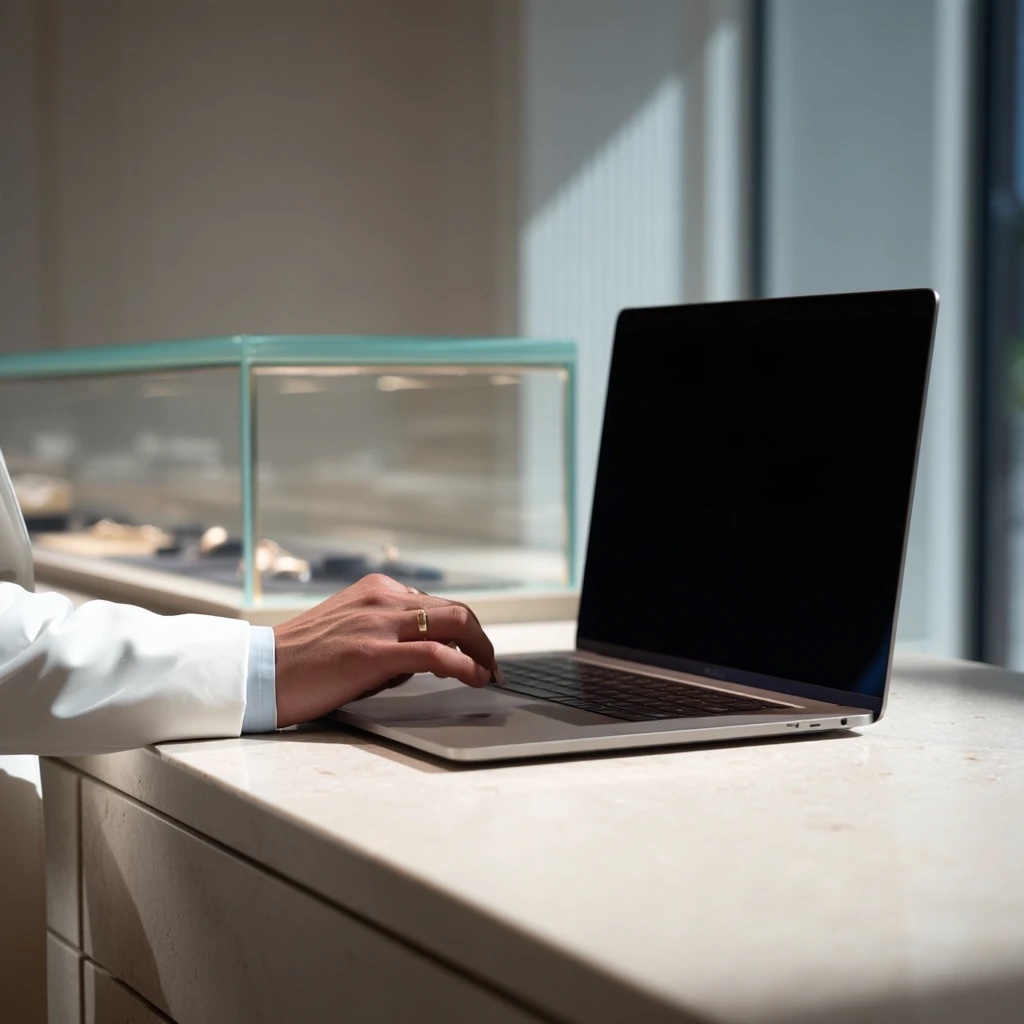 Watchmaker using Cadran on a laptop at a light stone counter in a watch boutique