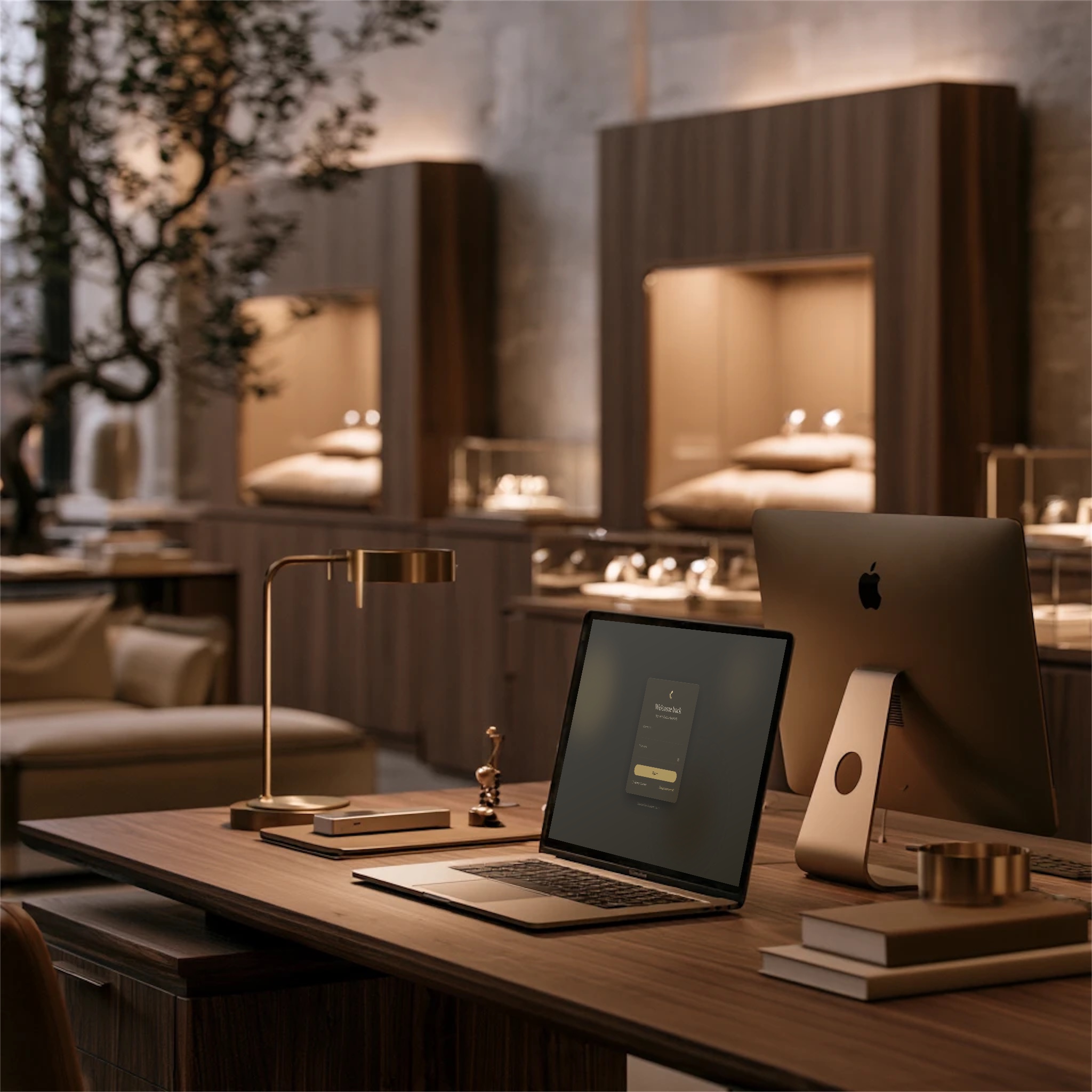 Cadran sign-in screen on a laptop at a walnut desk in a watch boutique